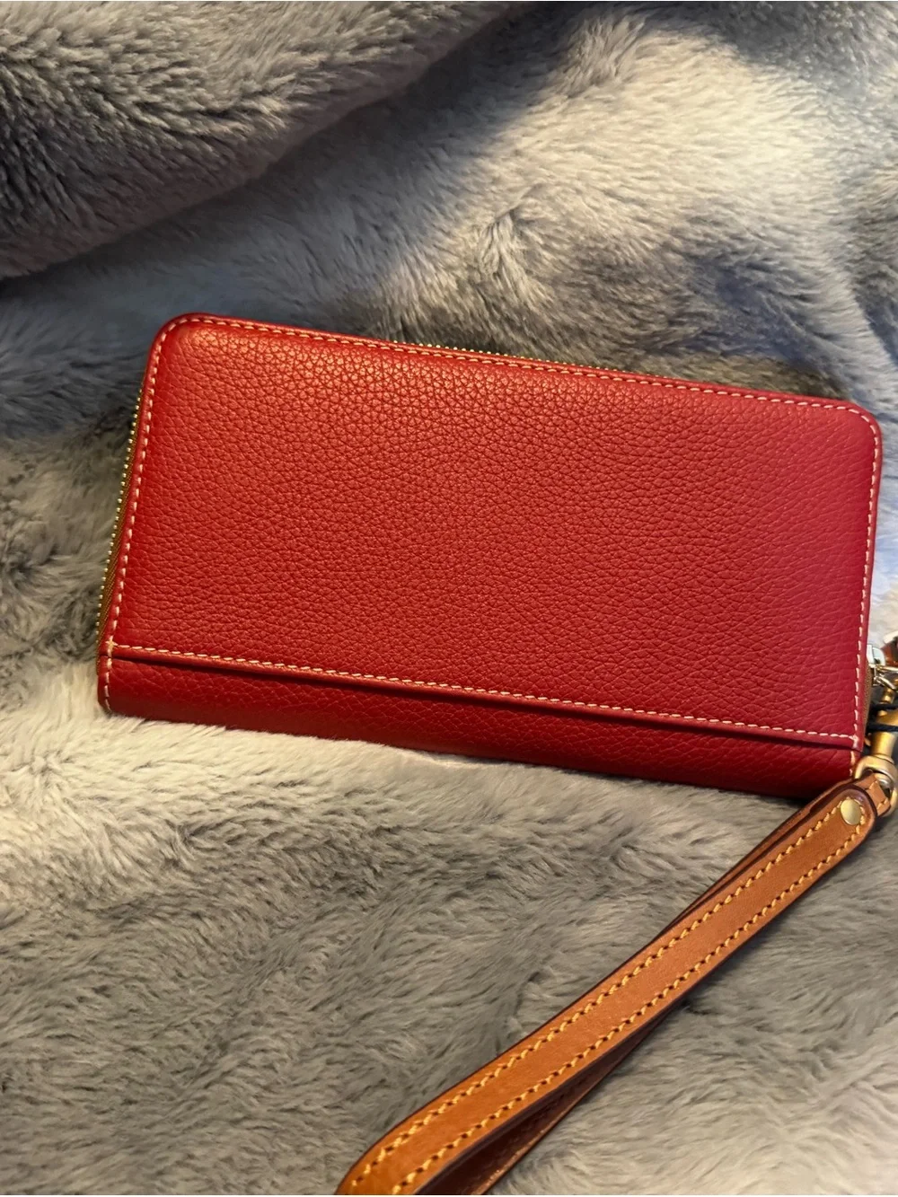Dooney & Bourke Red Pebbled Leather Medium Zip Wristlet with Tan Strap
